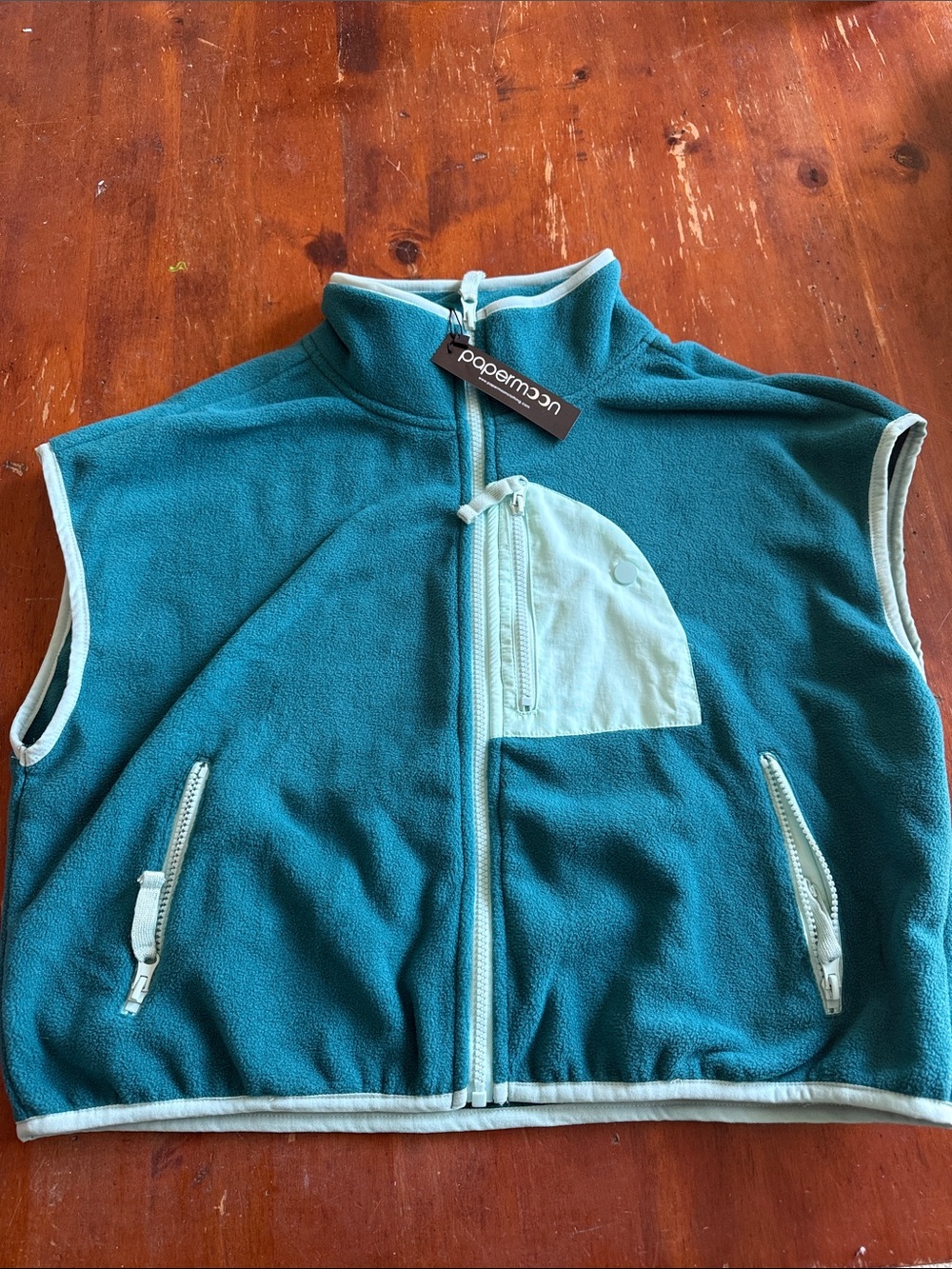 Papermoon Teal Fleece Vest with Mint Trim